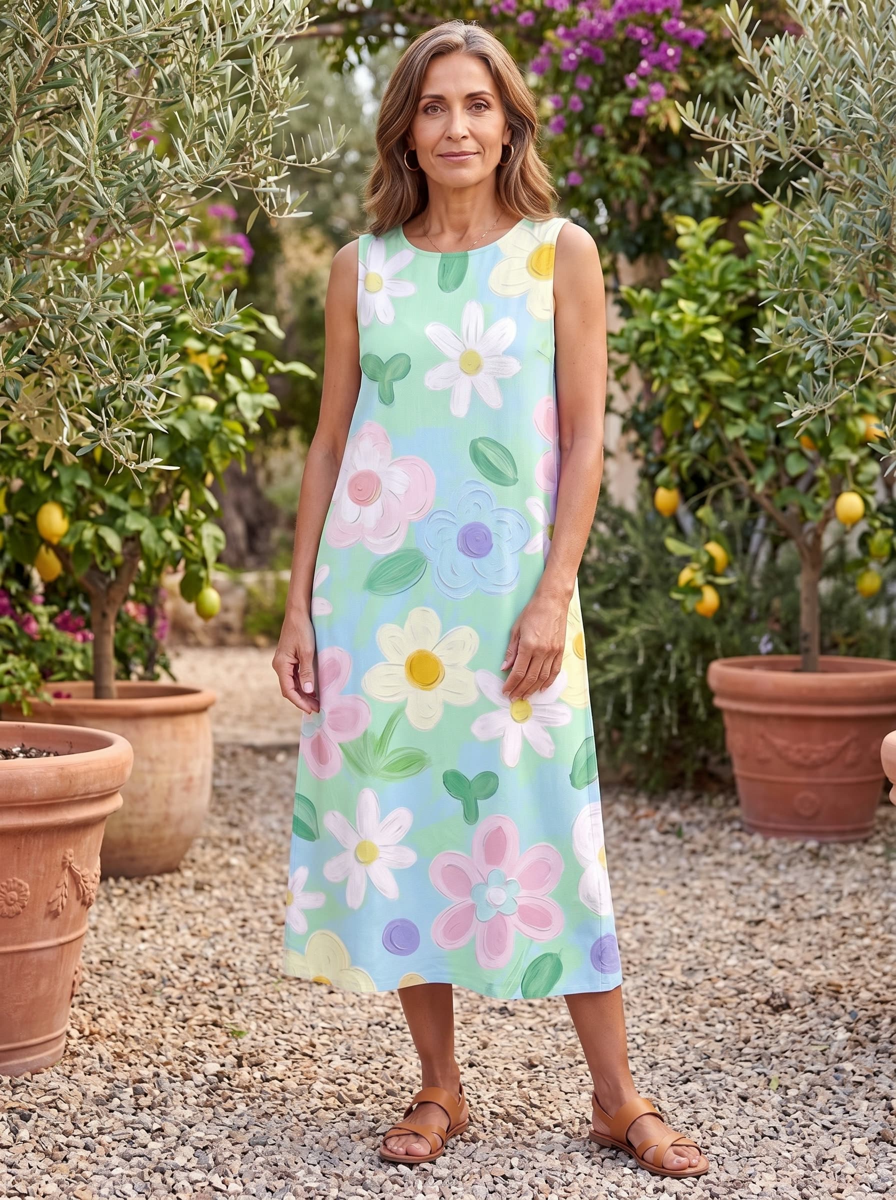 Aurora vestido floral de acuarela, jardín mediterráneo