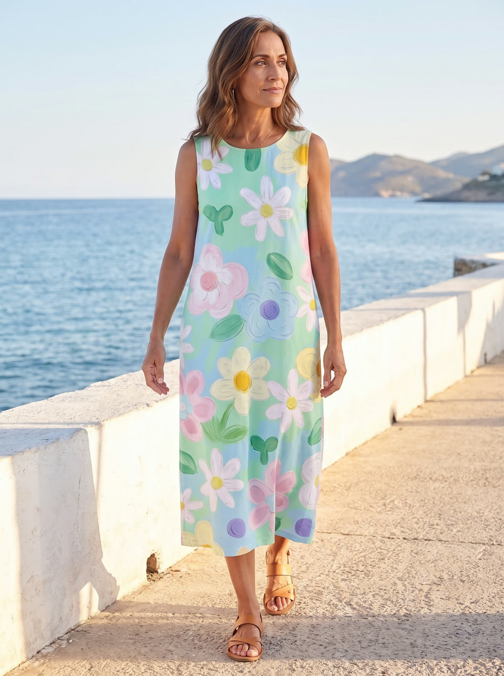 Aurora vestido floral de acuarela, paseo marítimo