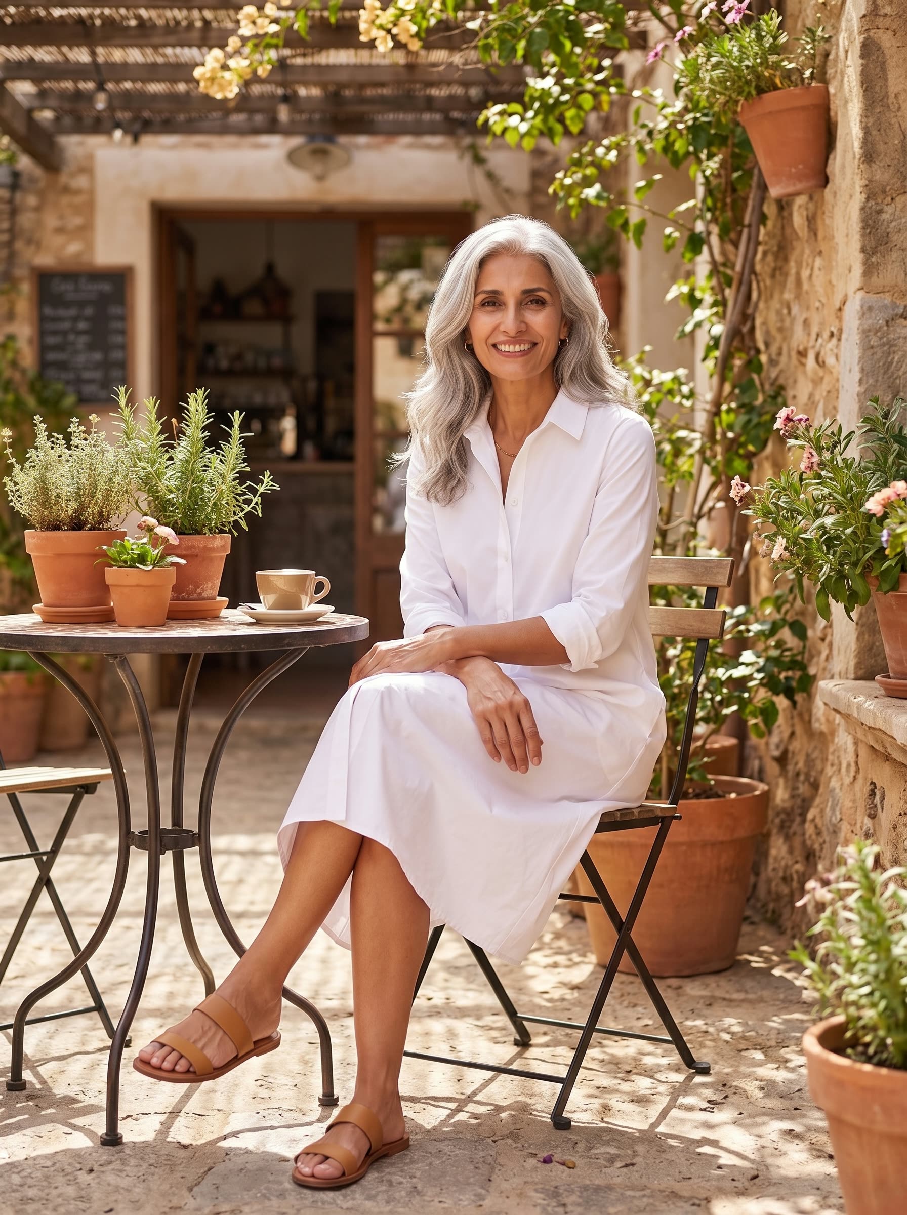 Blanca vestido camisero blanco, terraza de café