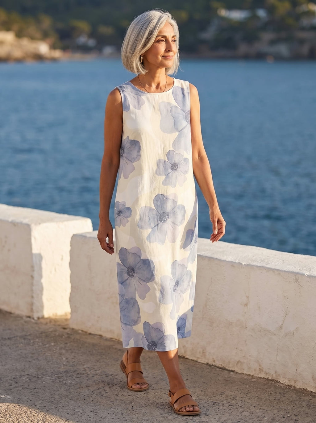 Celeste vestido de flores azules, paseo marítimo mediterráneo