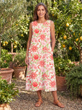 Coral vestido floral de verano, jardín mediterráneo