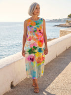 Frida vestido de acuarela multicolor, paseo marítimo