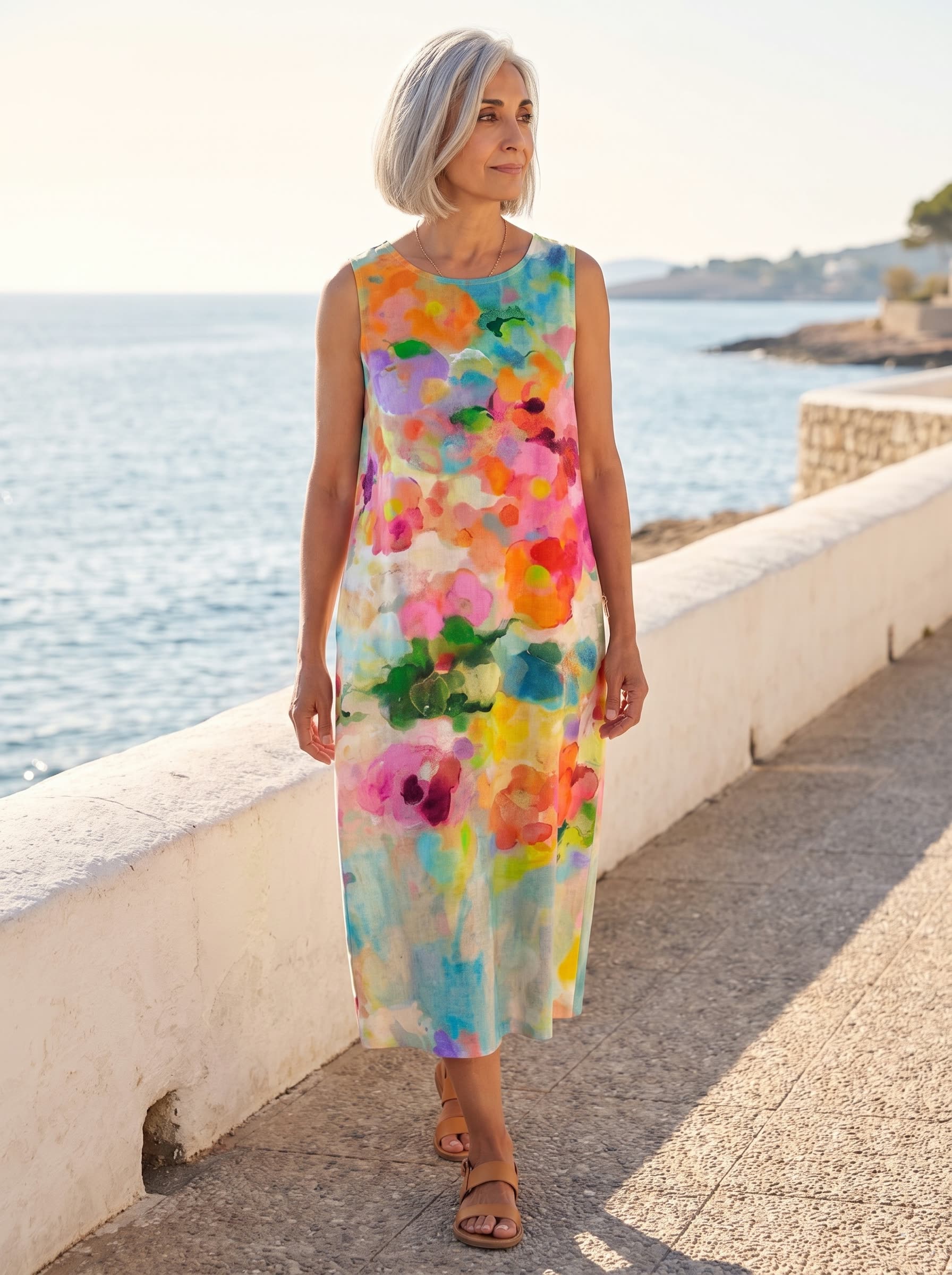 Frida vestido de acuarela multicolor, paseo marítimo