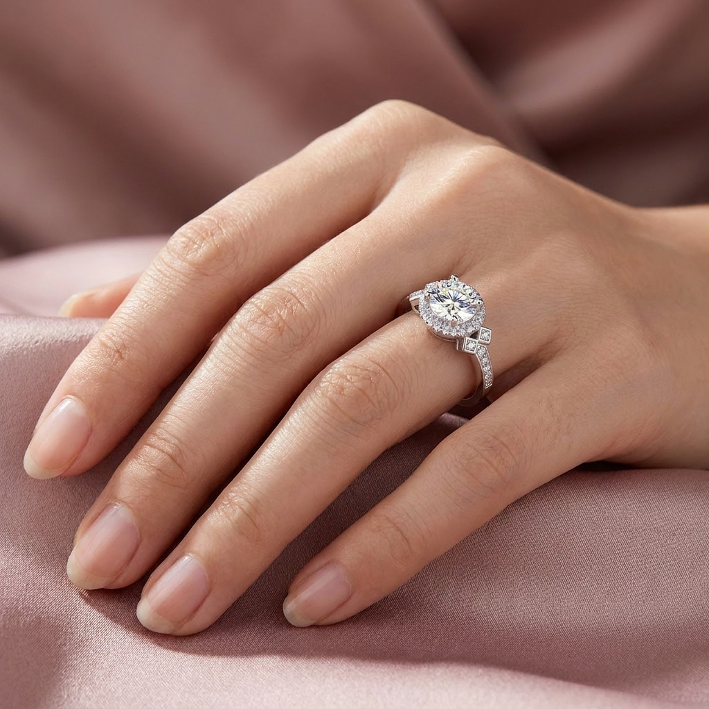 Moissanite ring worn on hand