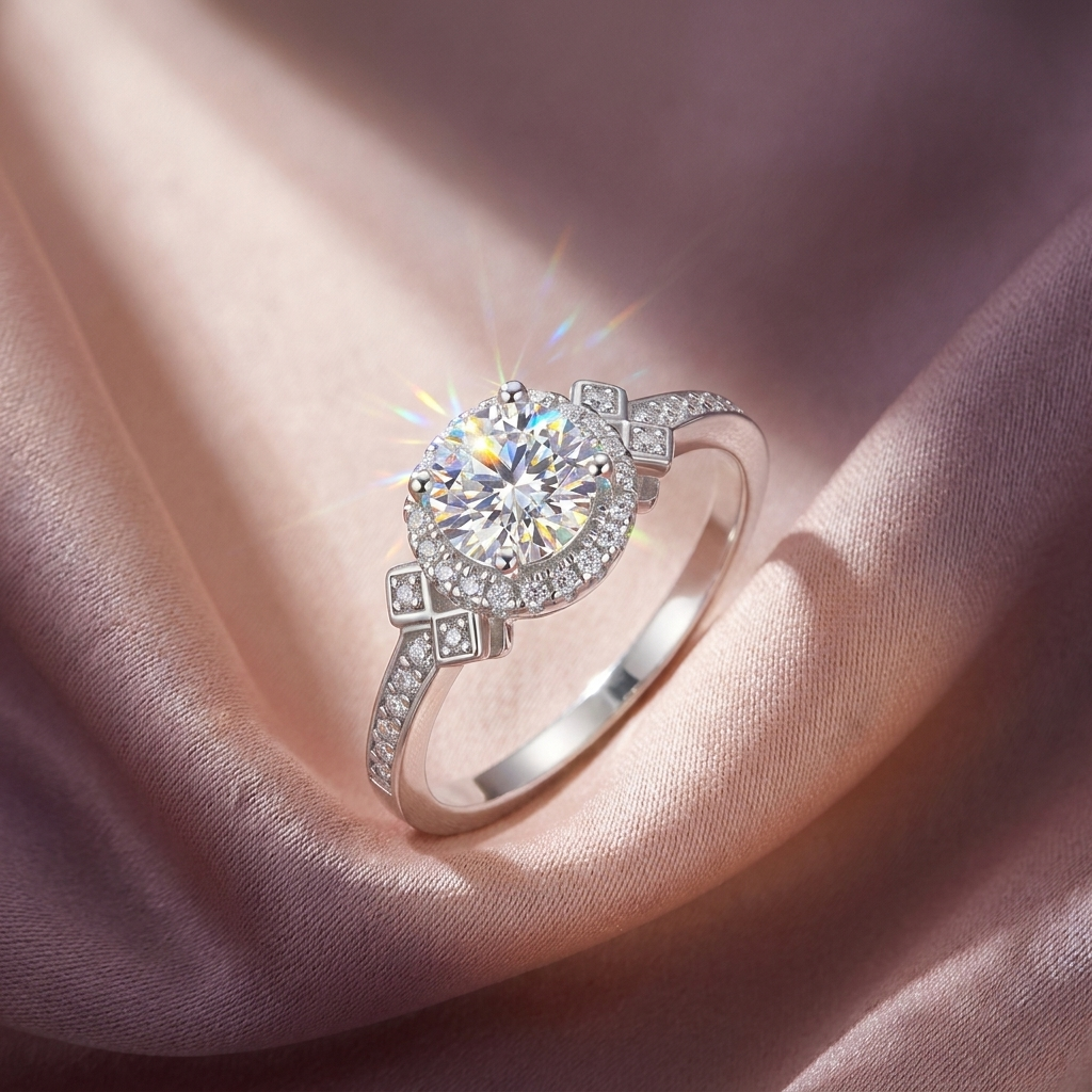 Moissanite ring on silk