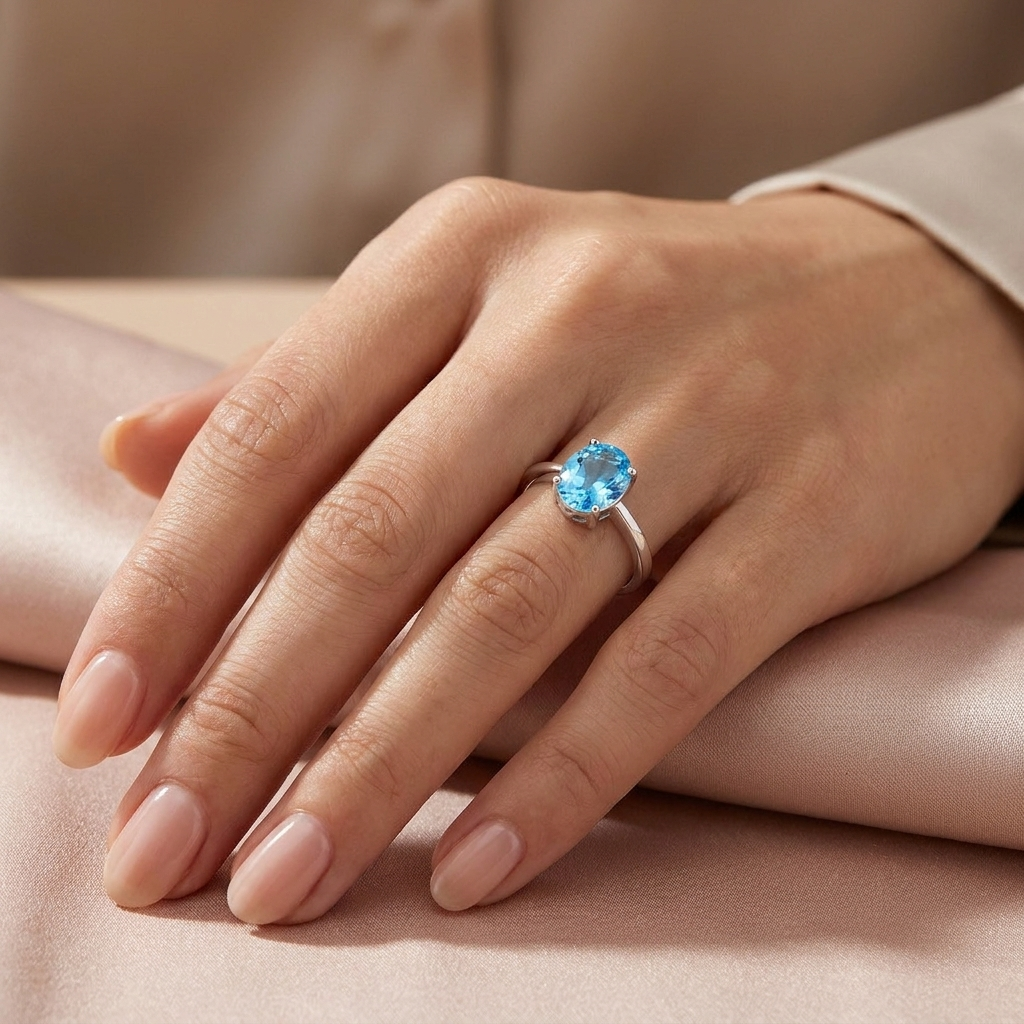 Sky blue topaz ring worn on hand