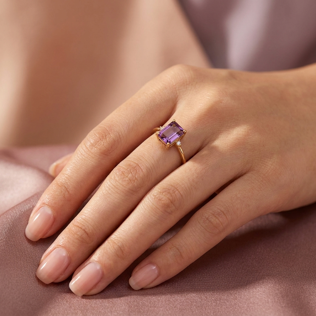 Purple topaz ring worn on hand