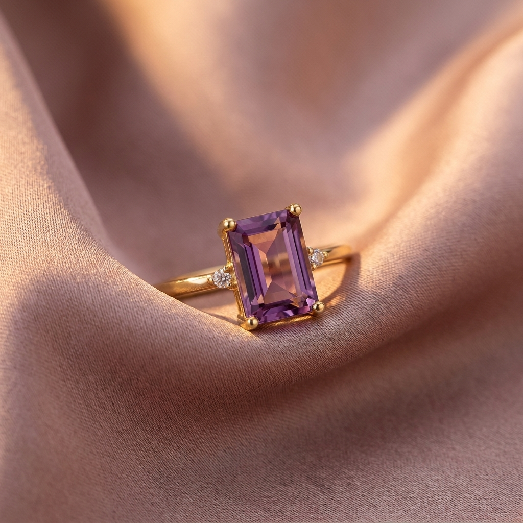 Purple topaz ring on silk