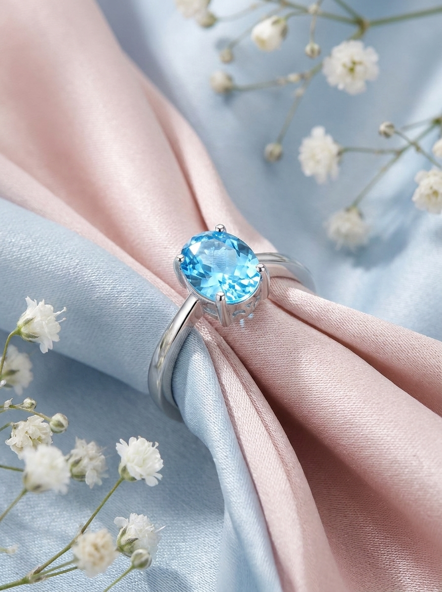 Sky blue topaz ring on silk