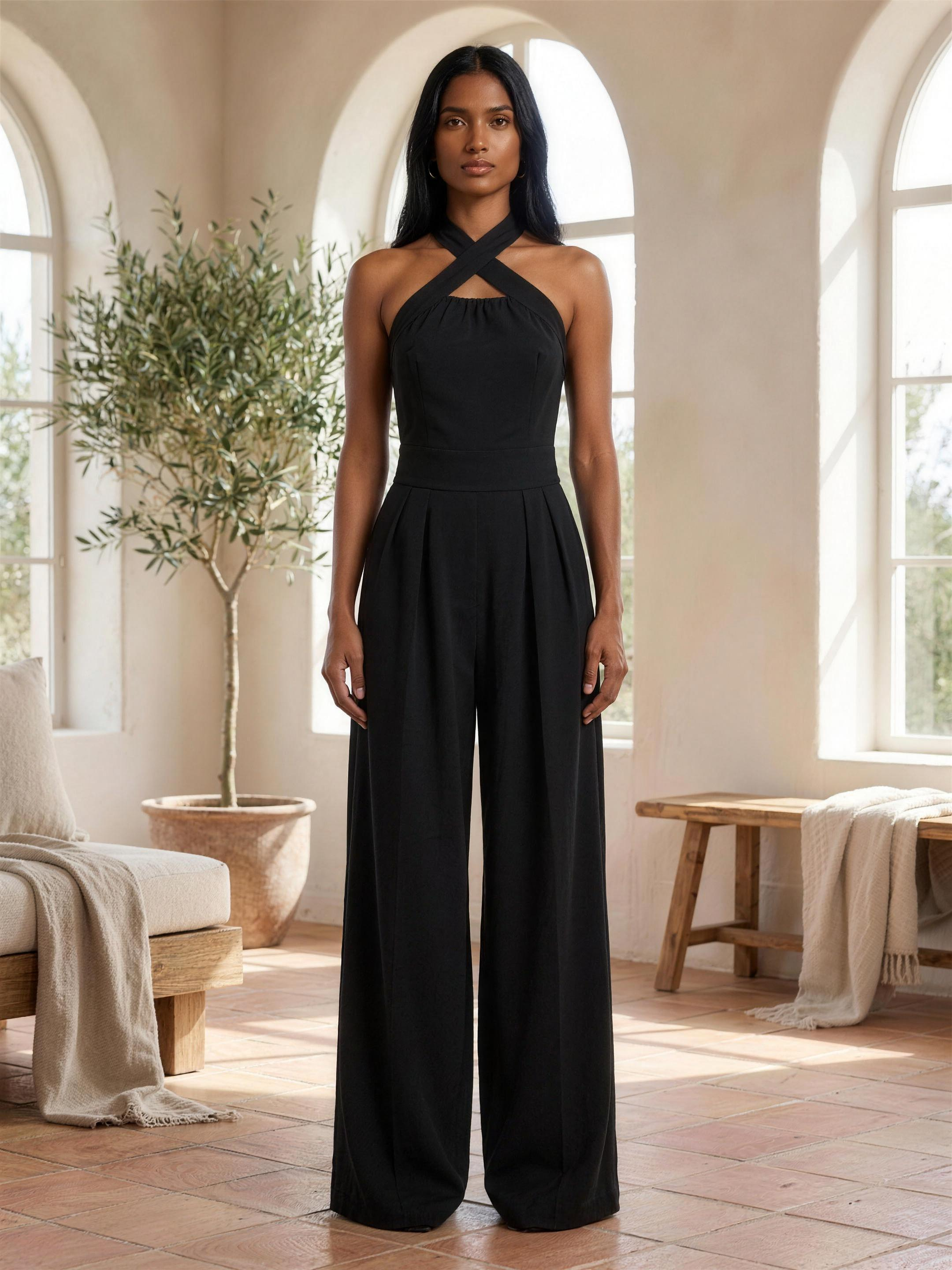 Halter jumpsuit black front lifestyle