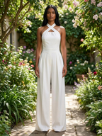 Halter jumpsuit white garden lifestyle