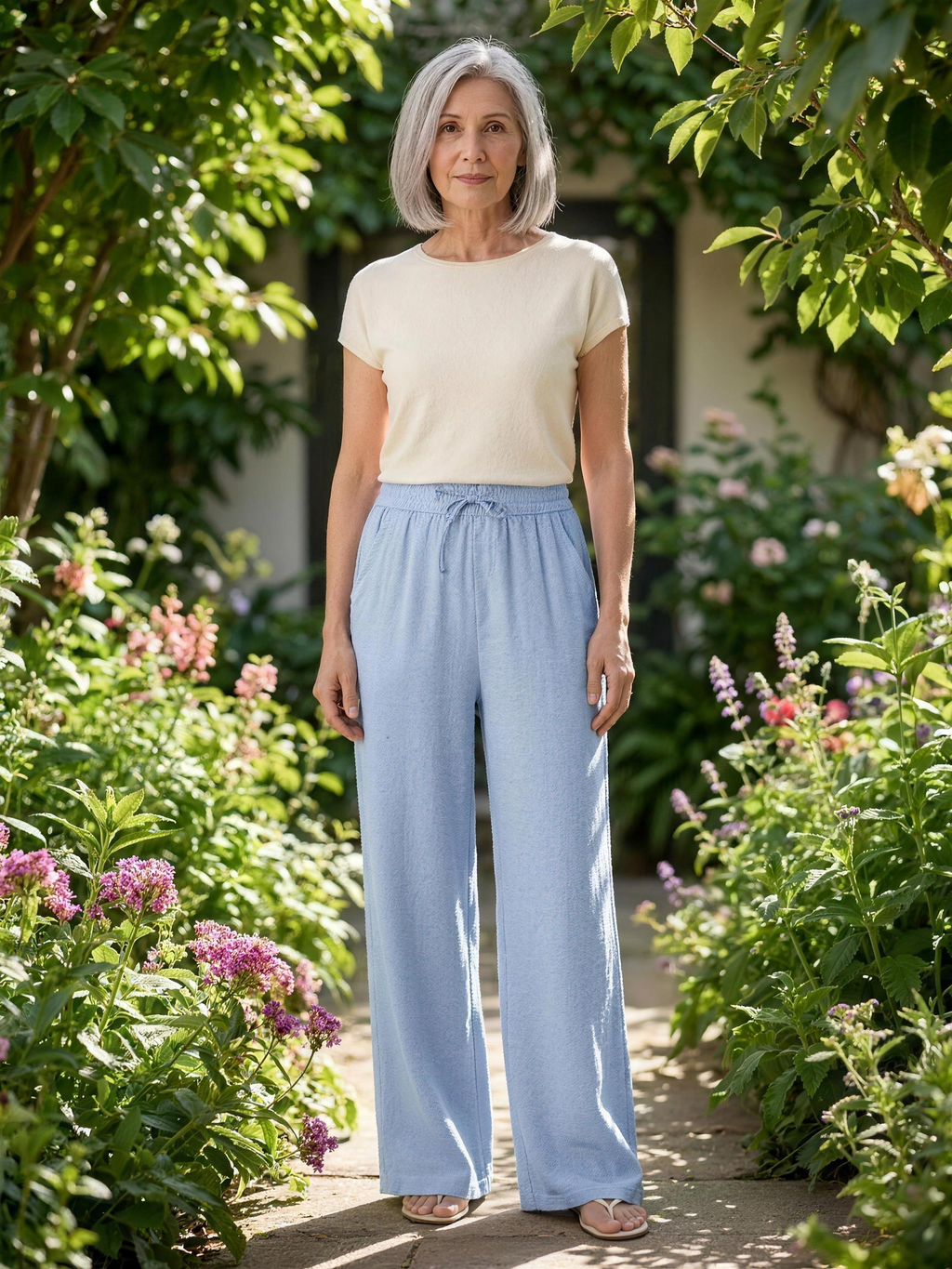 Wide-leg trousers light blue garden lifestyle