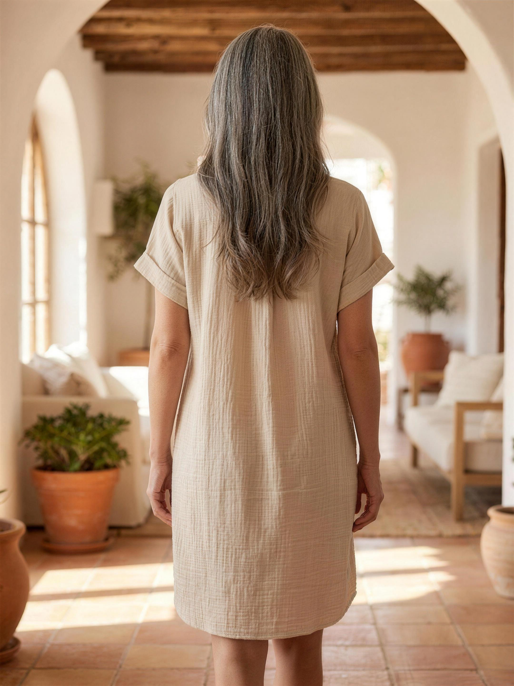 Shirt dress beige back lifestyle