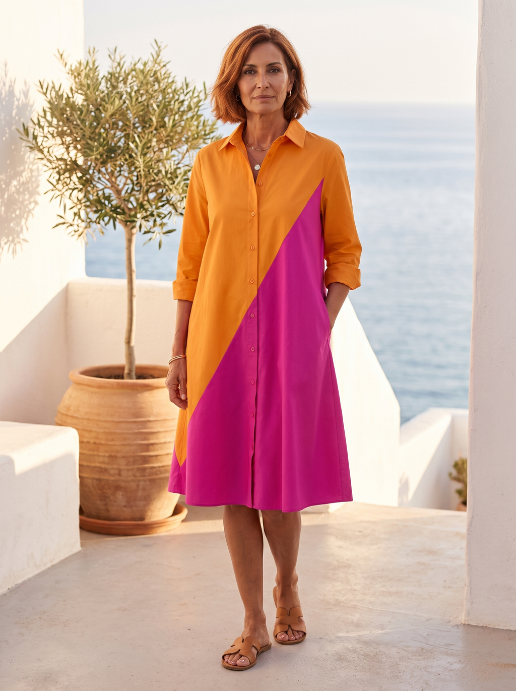 Spanish woman around 50 with an auburn bob on a Mediterranean terrace in the orange and magenta colour-block shirt dress