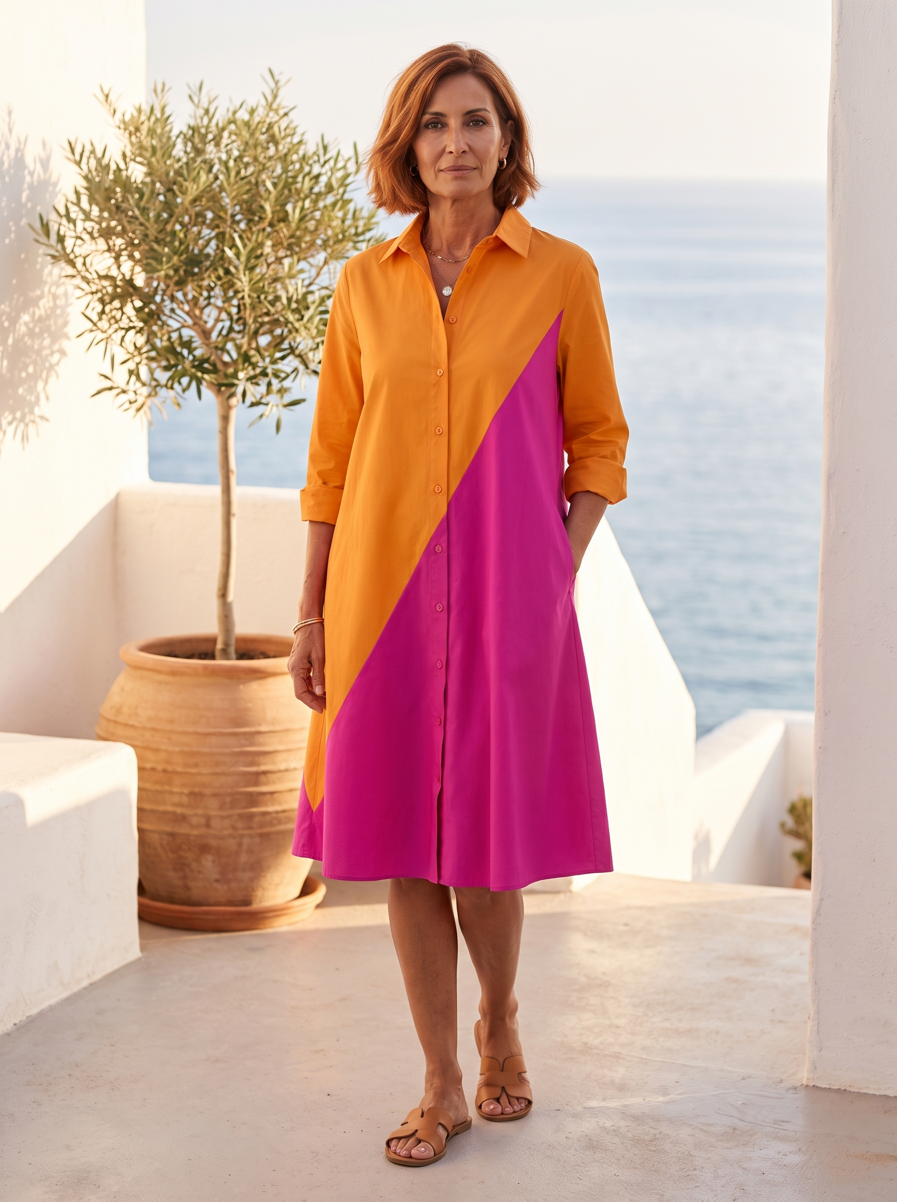 Spanish woman around 50 with an auburn bob on a Mediterranean terrace in the orange and magenta colour-block shirt dress