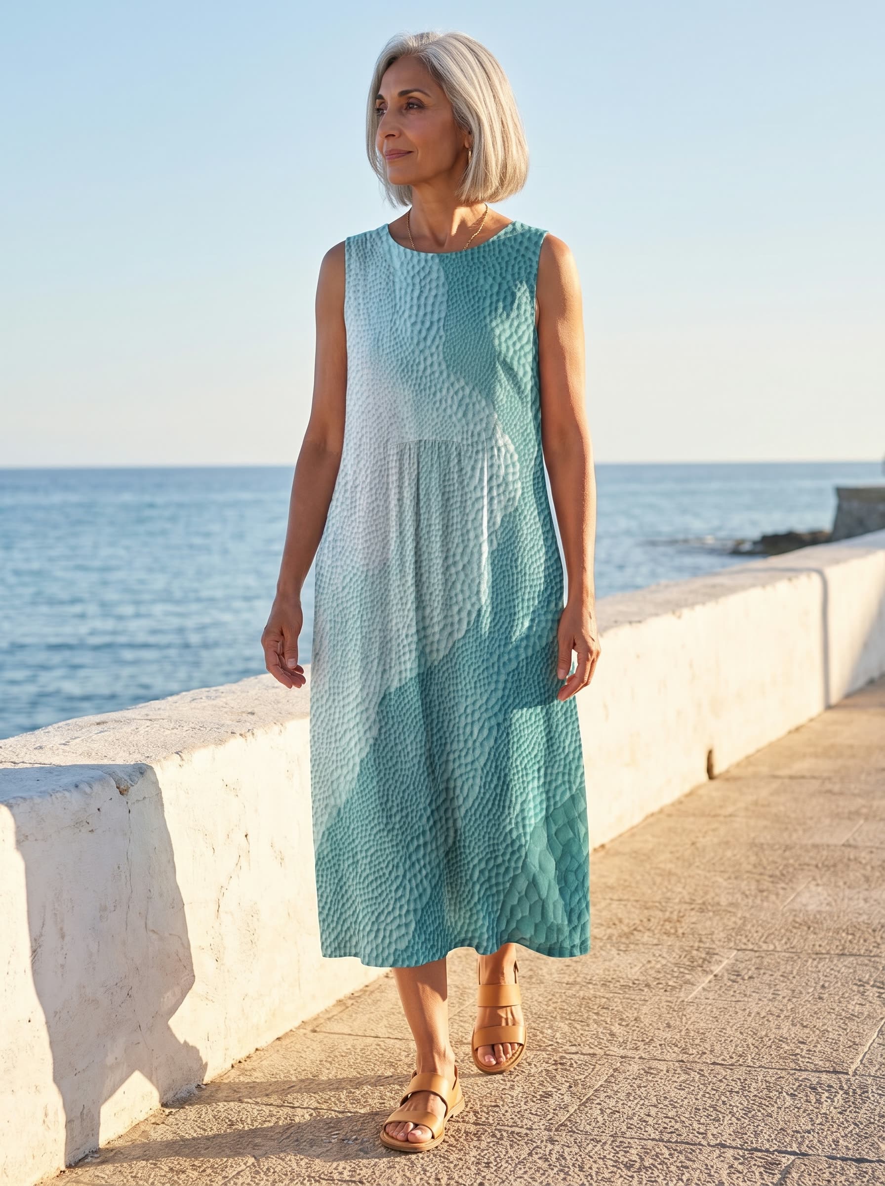 Marisol vestido degradado turquesa, paseo marítimo