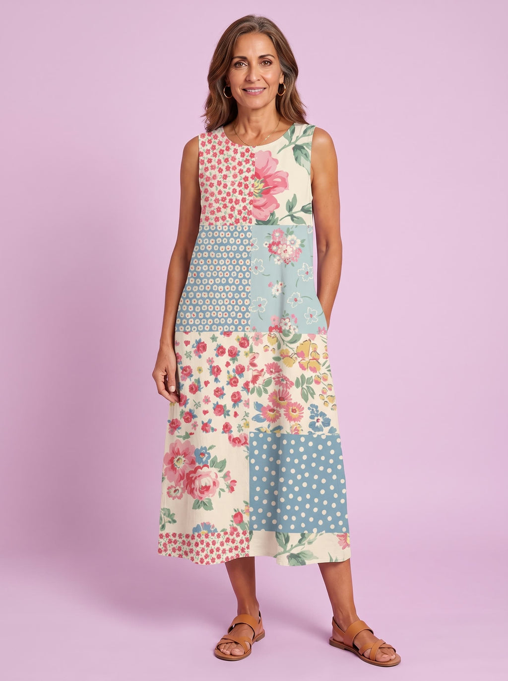 Rosa vestido patchwork floral, estudio
