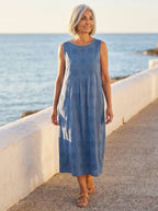Vega vestido azul texturizado, paseo marítimo